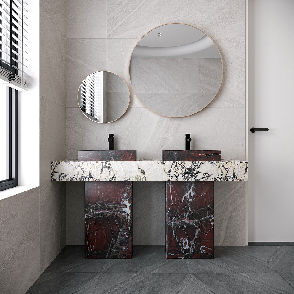 A marble double basin vanity