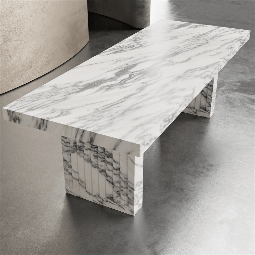 A marble dining table in a dining room