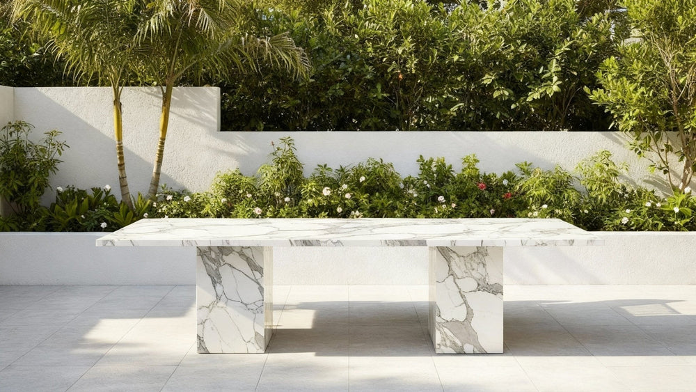 A sintered stone outdoor dining table