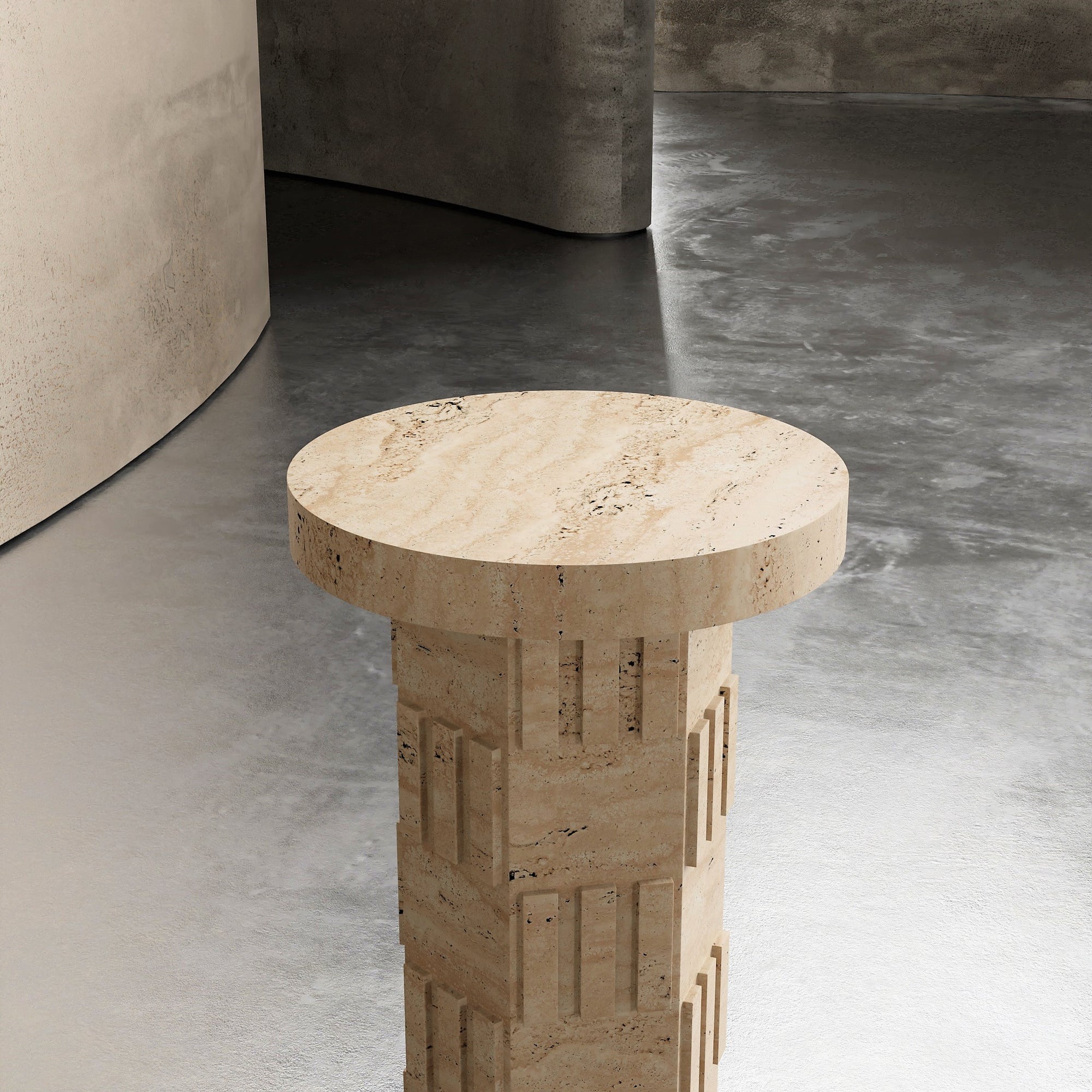 Nex Pedestal Custom Side Table! Crafted with durable travertine