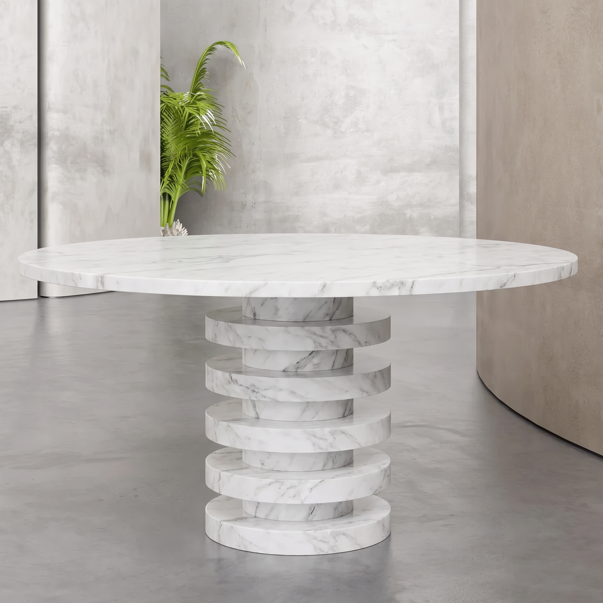 Round dining table in white marble with a stacked ring pedestal, front view