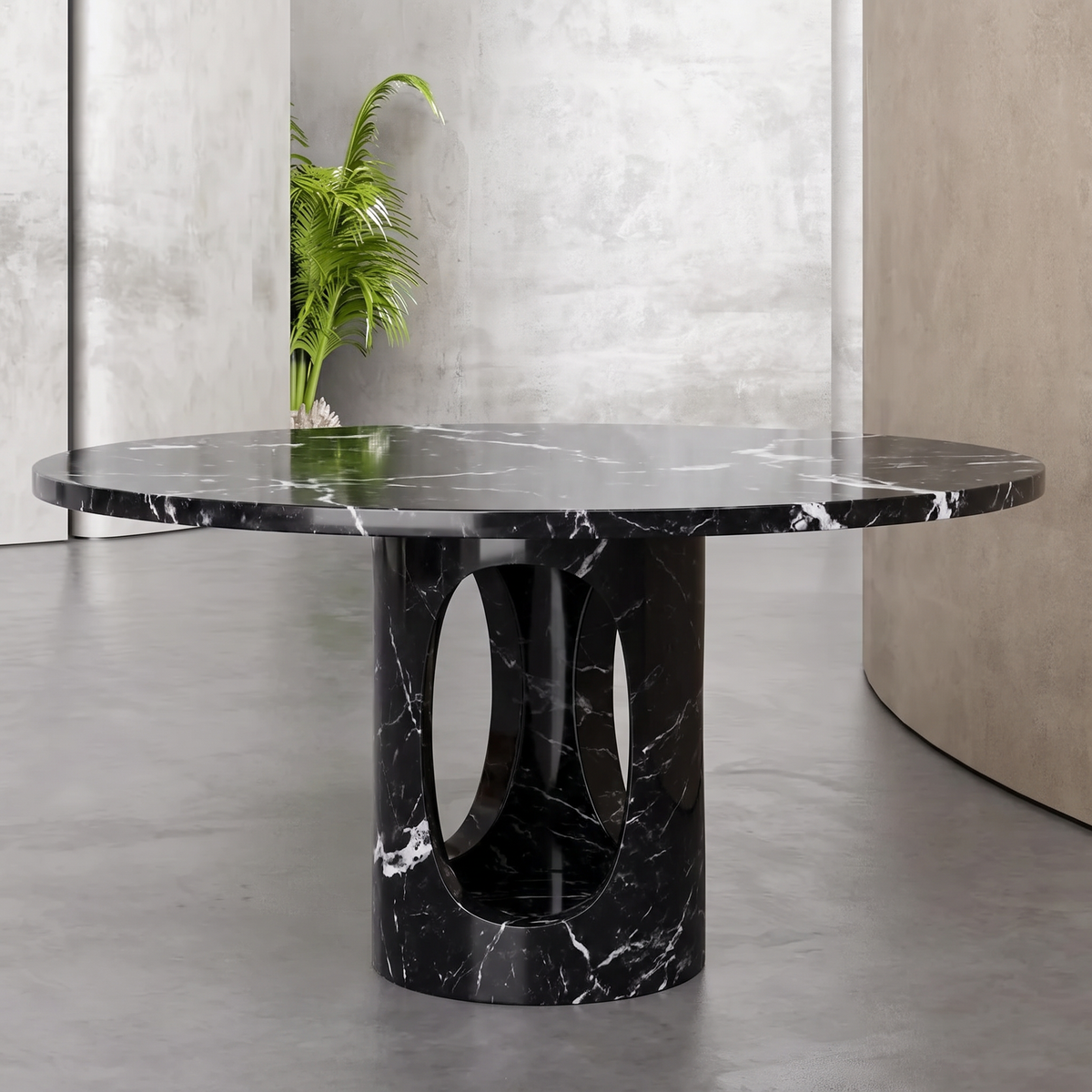 Yoda round dining table in Nero Marquina black marble with a carved pedestal, front view